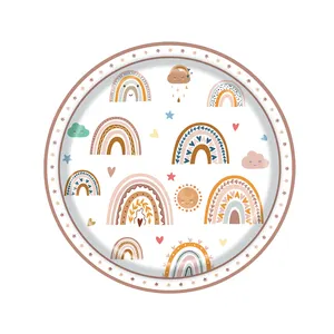 Boho Bohemian Style Party Disposable Dining Paper Plate Cup Tableware Set For Baby Shower Kid Birthday Table Decoration Supplies