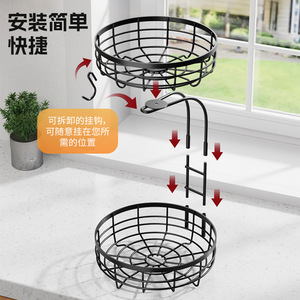 Double Layer Fruit Basket Detachable Banana <b>Hook</b> <b>Shelf</b> Kitchen Organizer Black Silver Brown Multi Function Storage Rack - Product Image 2