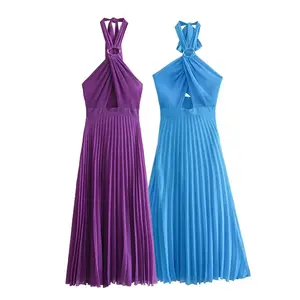 TAOP & ZA 2023 여름 여성 홀터넥 칼라 오픈 디자인 bowknot 블루 롱 스커트 작은 주름 속옷 미디 드레스 3564111