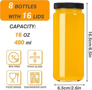 Botellas de jugo de vidrio de 16OZ con tapas herméticas Frascos reutilizables para beber Tazas DE AGUA DE VIAJE Albañil alto para jugo Boba Smoothie Tea - Product Image 2