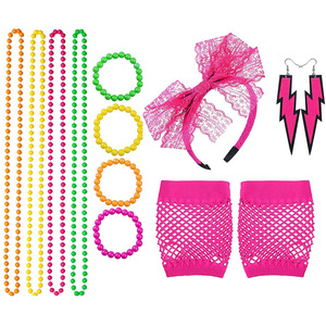 Conjunto de accesorios de disfraz para mujer de los años 80: collar de cuentas de neón, pulsera, diadema de encaje, pendientes de rayo y guantes de rejilla para fiesta de graduación - Product Image 1