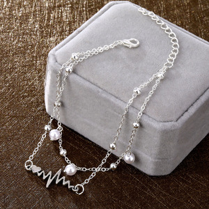 Tobillera de Plata con Perlas de Doble Capa Estilo Bohemio para Mujer, Diseño de Corazón ECG, Ideal para Vacaciones en la Playa - Product Image 5