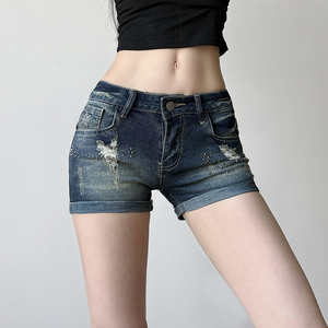 Women’s Low Rise Distressed Denim Shorts Hotfix Rhinestone <b>Booty</b> Shorts Rolled Hem Skinny Jeans Shorts - Product Image 5
