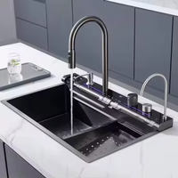 Ensemble d'évier de cuisine à cascade en acier inoxydable 201 fait à la main, robinet extractible à une cuvette, surface nano pour bassin de légumes à la maison