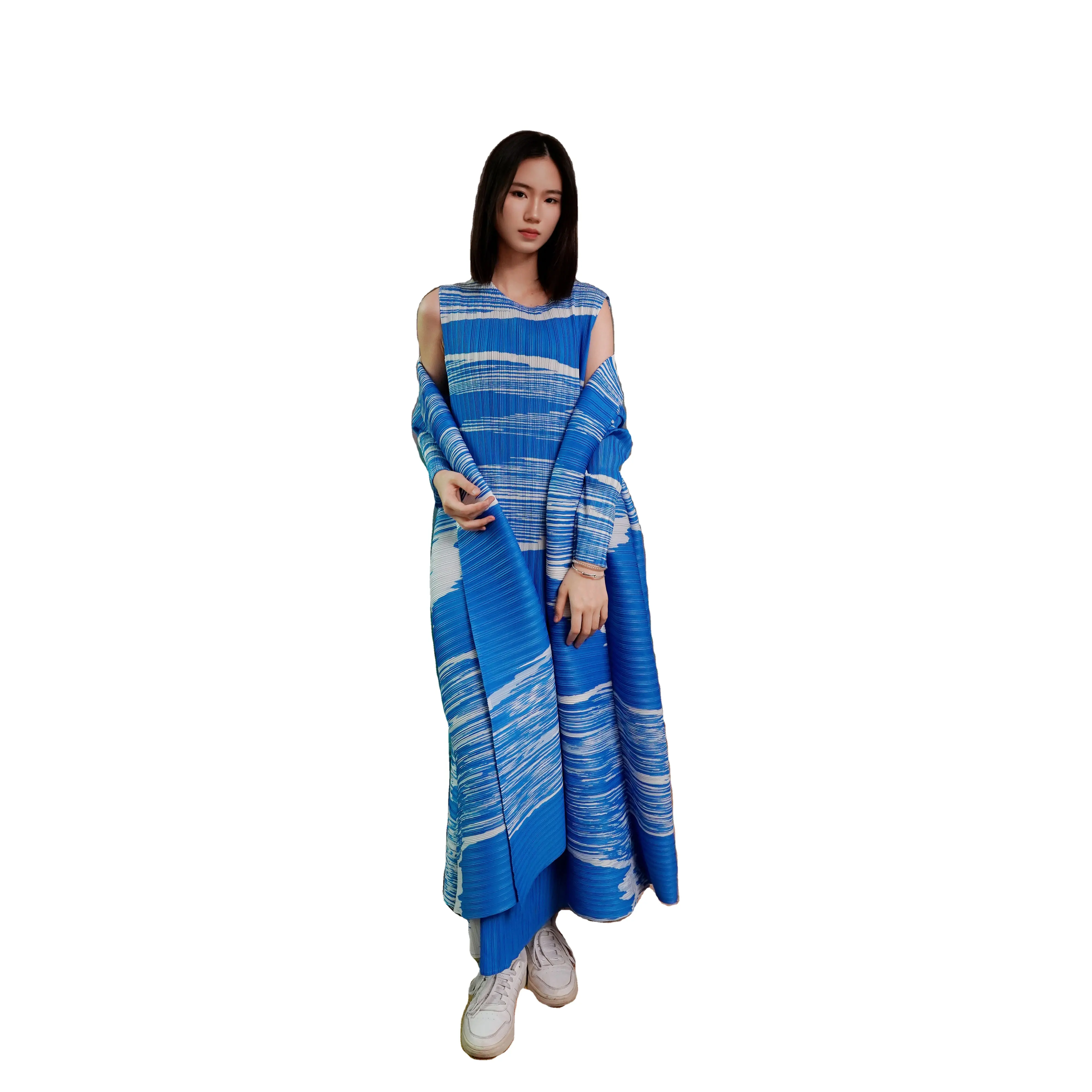 OEM/Miyake Blue Premium Silk Two Piece Long Sleeve Shirt Dress Vest Dress Women's Muslim Abaya Women's Muslim Dresses