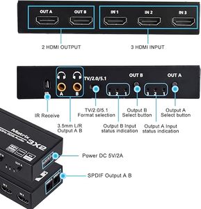 Matrice Switch HDMI 2.0b 3x2 4K60Hz 18.2Gbps HDCP2.2, 3 Ingressi 2 Uscite con Estrattore Audio SPDIF 3.5mm, Telecomando IR e Accessori Completi - Product Image 3