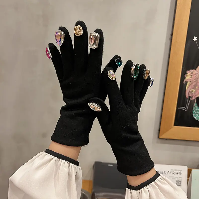 YANYE – gants en cachemire épaissis avec strass pour les doigts fendus, peut toucher l'écran, Double couche, gants en tricot chaud