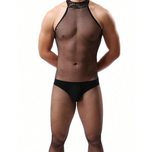 Men <b>Fishnet</b> <b>Bodysuit</b> Black Nylon Spandex Mid Rise Sexy Underwear - Product Image 2