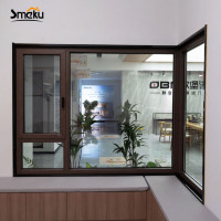 Ventana de Esquina de Aluminio con Marco Marrón Minimalista, Ventana Fija y Abatible de Perfil Delgado para Hogar Moderno