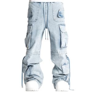 Pantalones Cargo Extra Holgados de Mezclilla Azul 100% Algodón, Lavado Desgastado, con Múltiples Bolsillos, Estilo Urbano, para Hombre, Venta al Por Mayor - Product Image 1