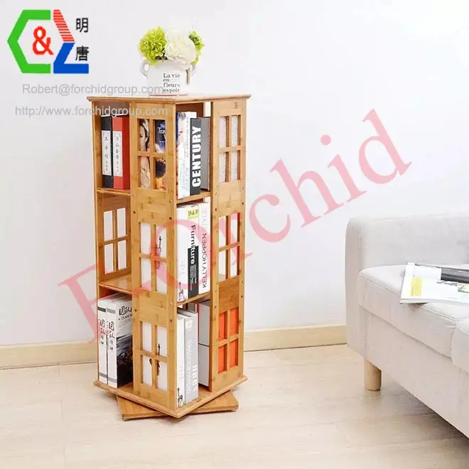 Bamboo 3-tiers Bookcase 360 Rangement Wooden rotatable Rack Rotating Bookshelf Floor Creative Multifunctional bamboo rack