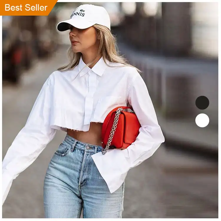 إيفاد سريع Instock الملابس Blusa S-XL بلوزة أسود أبيض غير النظامية تصاميم المحاصيل أعلى قمصان برقبة منسدلة للنساء بلوزة