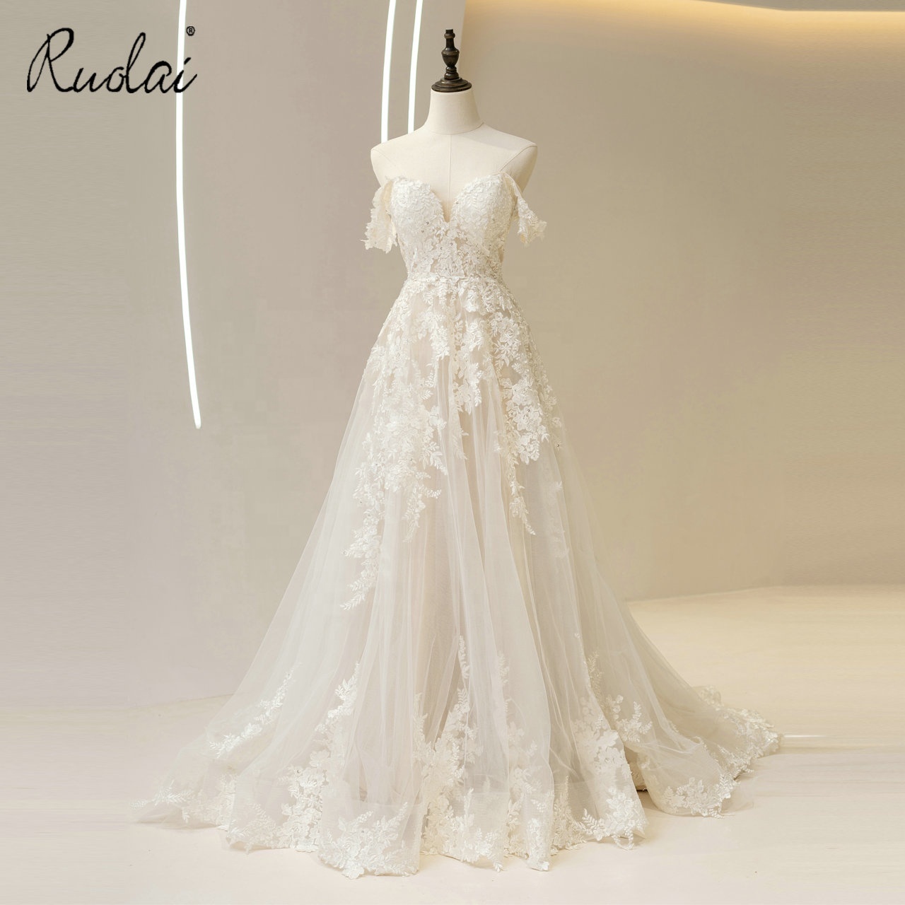 QW01170 Off the Shoulder Lace Sequined A-Line Wedding Dress Backless Sweetheart Bride Gowns Dress