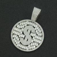 Pendentif Classique Plaqué Or avec Symbole Dollar Sertie de Zircons, Chaîne Maille Cubaine, Zircons Baguette et Ronds, Collier Hip Hop