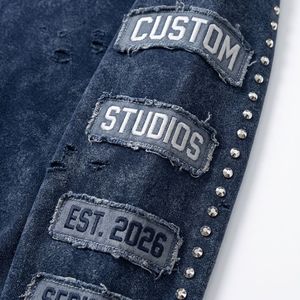 Tuta da uomo personalizzata in cotone pesante con cappuccio <span class=keywords><strong>termico</strong></span> in spugna, ricamo vintage, patch, lavaggio effetto strappato e strass 2ky - Product Image 4