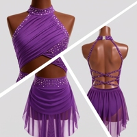 Robe de danse lyrique Fitdace violette avec strass, jupe asymétrique en maille, tenue de performance et de compétition, découpes pour la danse jazz moderne