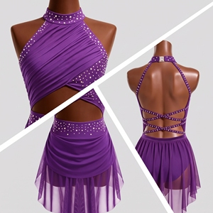 Robe de danse lyrique violette à strass, jupe asymétrique en maille, tenue de performance pour concours, costume de danse moderne jazz découpé - Product Image 2