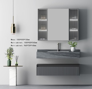 <span class=keywords><strong>Mobile</strong></span> <span class=keywords><strong>Bagno</strong></span> di Lusso Stile Hotel, Armadietto Scanalato Grigio Scuro con Specchio LED e Lavabo in Pietra per Hotel di Lusso - Product Image 3