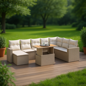 Ensemble de canapés de jardin beige en rotin, 6 places, mobilier d'extérieur résistant aux intempéries, design contemporain - Product Image 2