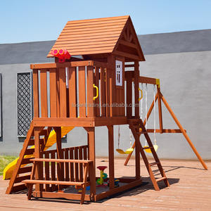Columpio de madera con tobogán, casita de juegos y escalera de escalada – Parque infantil seguro para exteriores para niños, conjunto de juegos combinado - Product Image 5