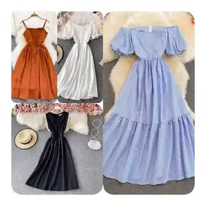 One size Vintage square neck dress Lace up waist pleated dress Bubble sleeved solid color short sleeved mid length dress