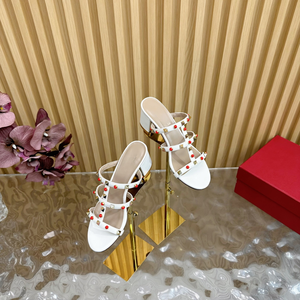 Sandales plates à bout ouvert avec décorations de perles rouges, trois brides, chaussures d'été pour femmes - Product Image 5