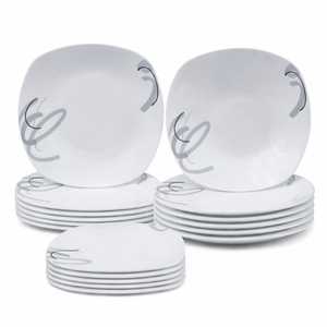 Service de vaisselle carré en porcelaine, 18 pièces, blanc avec motif tourbillon gris, pour 6 personnes - Product Image 1