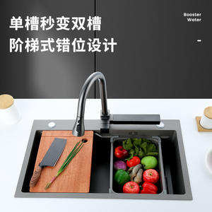 Fregadero de cocina Flyrain Waterfall, grande, de una sola cuenco, de acero inoxidable 304, para empotrar, con grifo, acabado mate, Nano Negro Dorado Acero - Product Image 3