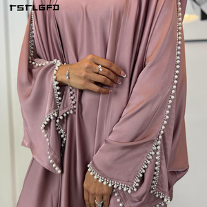 Luxury Silk Satin Muslim Abaya <b>Set</b> Pearl Beaded Open Kaftan Kimono Elegant <b>Modest</b> Evening Party Dress for Women Eid Ramadan - Product Image 3