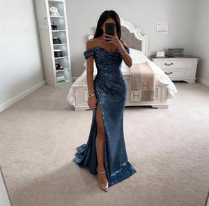 Горячая распродажа: Женское сексуальное блестящее платье для выпускного вечера с разрезом и пайетками, длиной в пол - Product Image 2