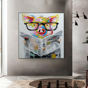 Mintura fait à la main toile peintures à l'huile personnalisé en gros maison décorative Pop Art décoration murale journal lecture <span class=keywords><strong>cochon</strong></span> dessin animé - Product Image 4