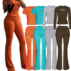 2024 Custom Logo Color <strong>Women'S</strong> Cotton Long Sleeve Shirt and Skinny Flared <strong>Pants</strong> Casual Jogging Suits 2 Piece Set <strong>for</strong> <strong>Women</strong> 2024 - Product Image 1