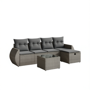 ชุดโซฟาหวายสีเทาสำหรับสวน 4 ที่นั่ง เฟอร์นิเจอร์กลางแจ้งพร้อมกระจกนิรภัยและโครงเหล็ก ดีไซน์ร่วมสมัย - Product Image 1