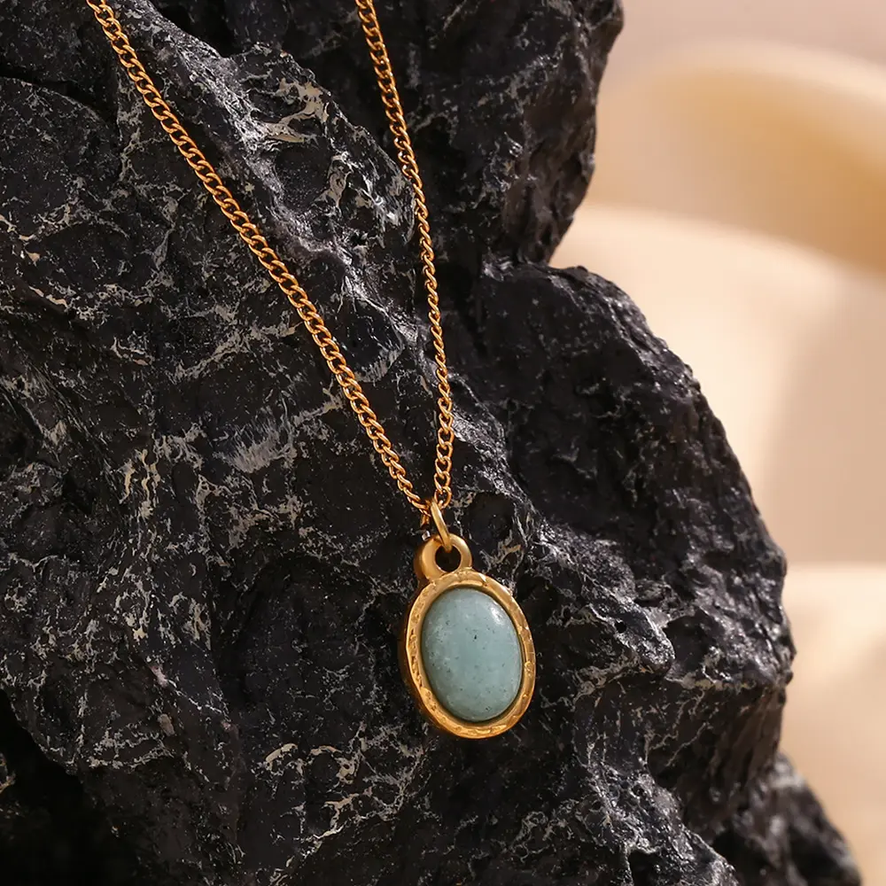Stainless Steel Mini Oval Natural Stone Pendant Necklace Electroplated With 18k Gold Diy Jewelry Component Production
