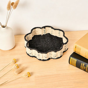 Handmade Woven Two Color Paper Rope <b>Storage</b> <b>Tray</b> Irregular Shape Desktop Organizer Sustainable Home Decor - Product Image 1