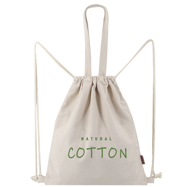 Natural Organic Cotton Canvas Drawstring Backpack With Handles for Shopping and Gym
