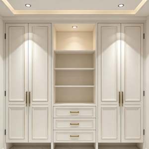 Armoire à deux portes BALOM Espagne, fermeture douce, quincaillerie intégrée, panneau blanc et garniture dorée, avec étagère ouverte et tiroirs - Product Image 1