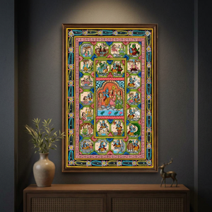 Peinture artisanale Krishna Leela Pattachitra en gros, art populaire indien traditionnel, décoration murale rectangulaire en papier, mythologique - Product Image 4