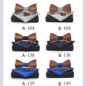 Nœud papillon en <span class=keywords><strong>bois</strong></span> 3D pour hommes, <span class=keywords><strong>mouchoir</strong></span> motif rayé avec boutons de manchette, boîte cadeau - Product Image 5