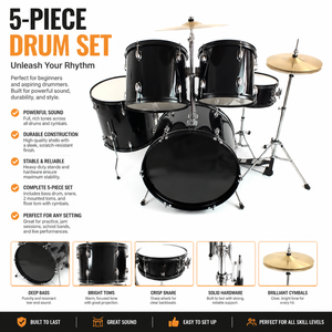 Kit de <span class=keywords><strong>Batterie</strong></span> Professionnel de Haute Qualité, Ensemble de 5 Fûts avec Pédale, Cymbales, Supports, Tabouret et Baguettes - Product Image 4