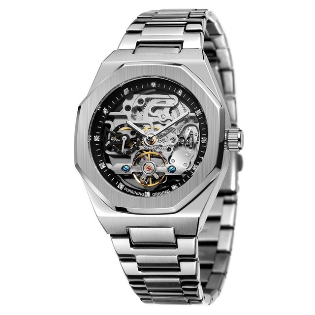 Good Quality Skeleton Style Brushed case PVD Plating Luxury Stainless Steel Band Fully Automatic Mechanical Watch Custom logo