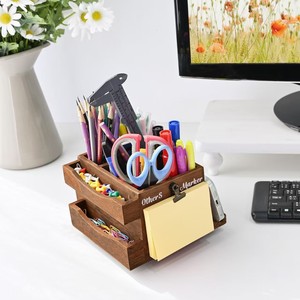 Wooden Desk Organizer Stationery <b>Storage</b> <b>Box</b> Rectangle Standing Type Office Organizer With <b>Drawer</b> For Pencils Scissors Markers - Product Image 1