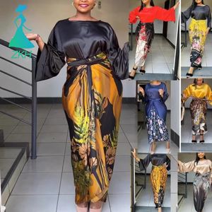 موضة جديدة قمم الساتان + تنورة 2 طقم بدلات الأزهار المطبوعة الرقبة س عارضة ضمادة فضفاضة الخصر قمصان اللباس الدعاوى - Product Image 1