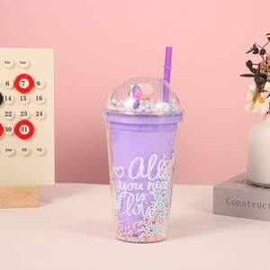 450ml Romantic All You Need Is Love Heart Slogan <b>Plastic</b> Tumbler Double Wall Design with Straw Pastel Pom Pom Dome Lid Cute Mini - Product Image 4