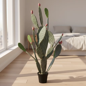 Grand cactus artificiel de type figue de Barbarie (<span class=keywords><strong>Opuntia</strong></span>) avec boutons dans un <span class=keywords><strong>pot</strong></span> noir, fausse plante du désert haute pour la maison, le bureau, le salon - Product Image 6