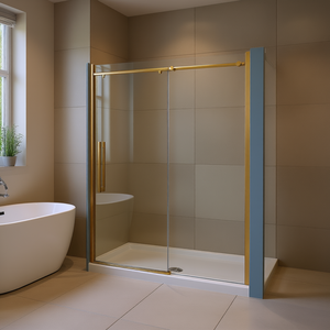 Puerta de Ducha de Vidrio Templado de 5/16 Pulgadas con Acabado Dorado Cepillado, Puerta Corredera con Sistema de Cierre Suave, Diseño Contemporáneo - Product Image 2