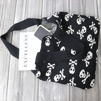 Sac fourre-tout en tricot noir et blanc à motif crâne, sac à bandoulière long, idéal pour Halloween, shopping, cadeau, motif effrayant, logo personnalisé, vente en gros, OEM