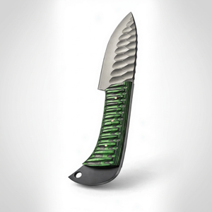 Cuchillo de Camping Personalizado Hecho a Mano de Acero de Damasco con Mango Verde Esculpido de G10 y Pomo Cruzado, Hoja Fija - Product Image 1