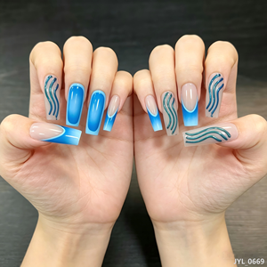 24 faux ongles à presser, dégradé bleu nude, forme ondulée, longs et carrés, en ABS, réutilisables, design artistique frais, pour doigts - Product Image 1