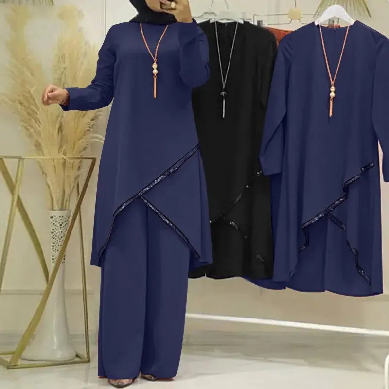 Venta al por mayor Islam Árabe Ropa 2 Piezas Mujeres Musulmanas Abaya Conjuntos O-cuello Islámico Top Y Pantalón Set